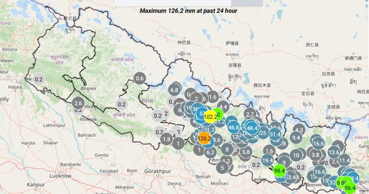 चितवनमा १२६ मि.मि. वर्षा, विभिन्न प्रदेशमा भारी वर्षा